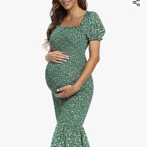 Spring Floral Midi Maternity Dress, Puff Sleeve, Square Neck, Ruffle Hem